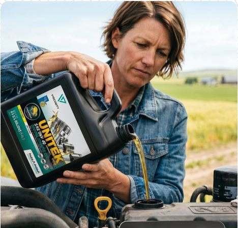 Operadora abastecendo o motor com lubrificante VISCOSITY